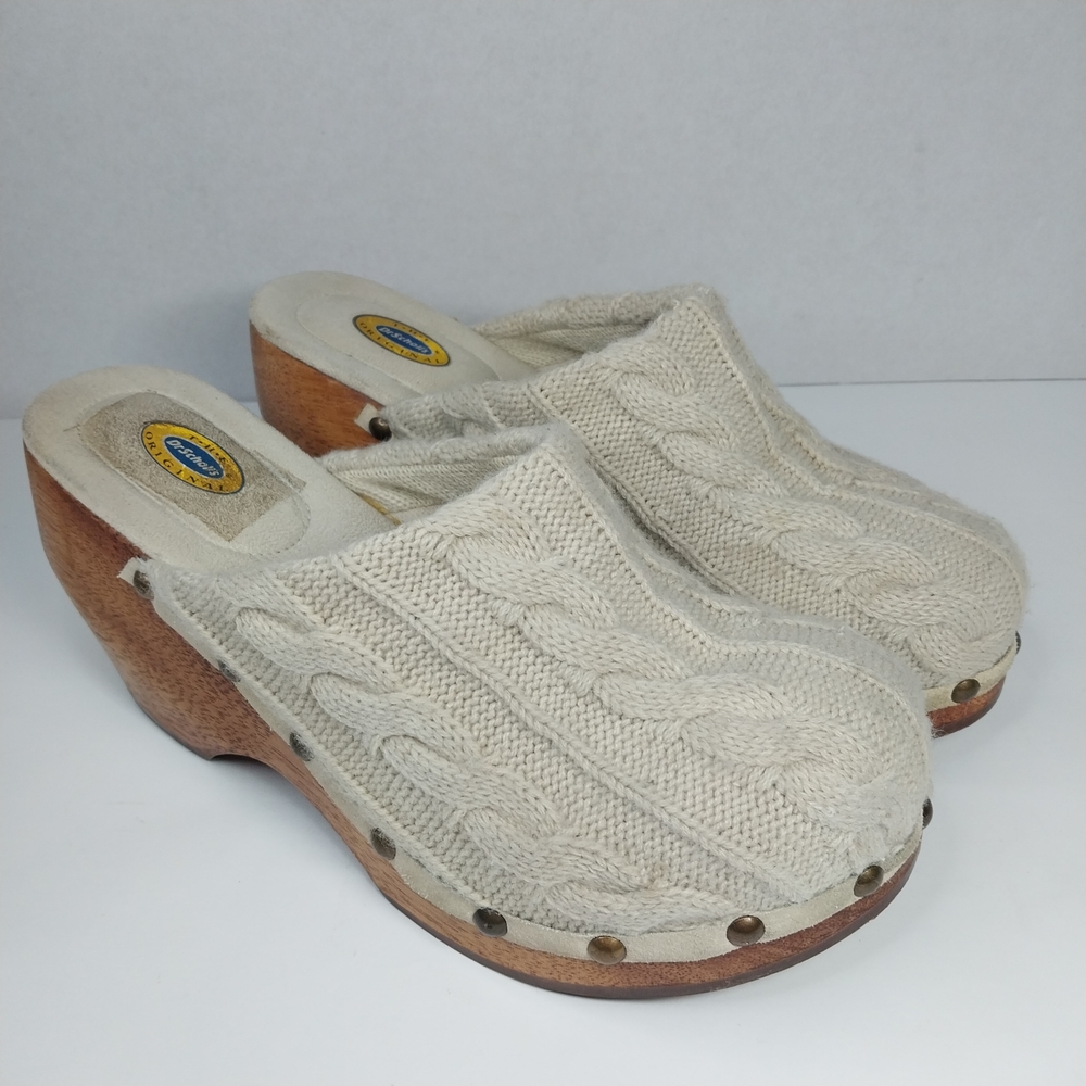 Dr. Scholl's Original Cardigan Size 8 M Wood Chunky Clogs Beige Cable Knit Shoes